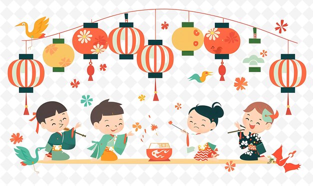 PSD children playing games during obon festival design is tradit flat illustration culture character