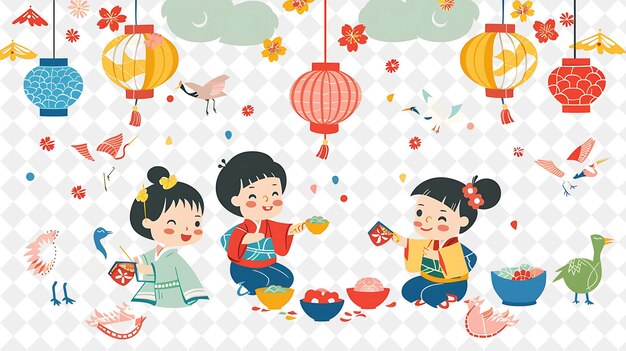 PSD children playing games during obon festival design is tradit flat illustration festival of the world