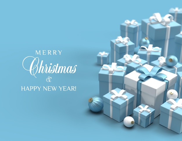 PSD christmas card with blue and white christmas gifts on luxury blu background