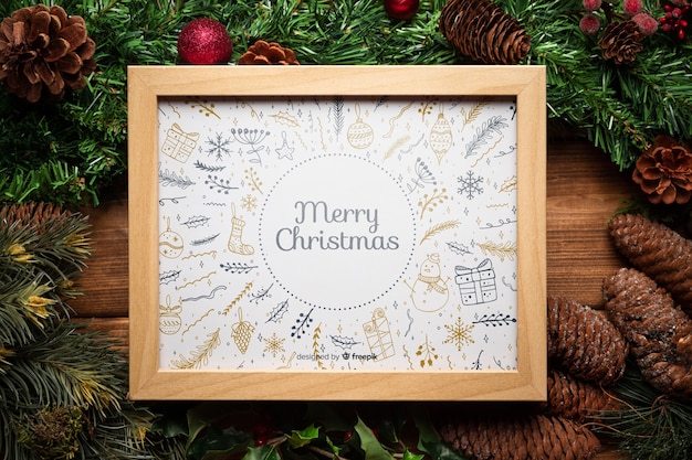 PSD christmas pine decor with frame mock-up