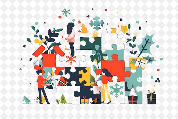 PSD christmas puzzle challenge with characters solving holiday t illustration christmas art design