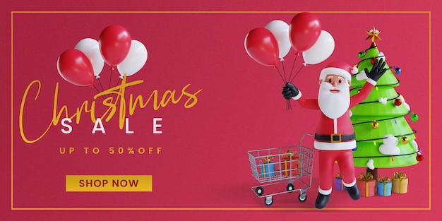 christmas sale background with 3d render santa character and cart shopping