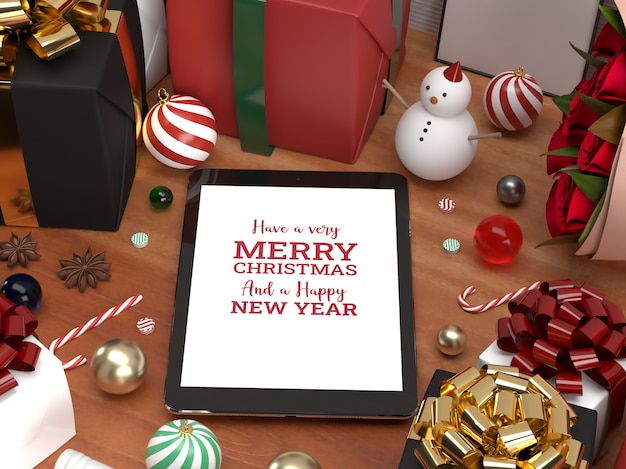 PSD christmas tablet pad celebration 3d realistic laying down mockup