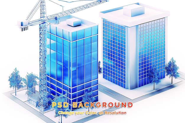 PSD city over blueprint background with crane