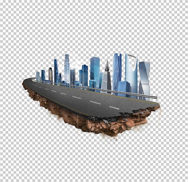PSD city road isolated in transparent background city skyline with piece of land isolated png