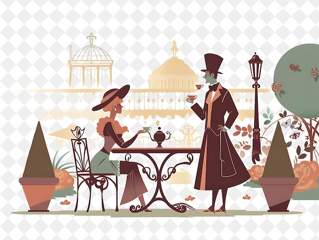 PSD classic garden with victorian characters having a tea party people life style flat illustration