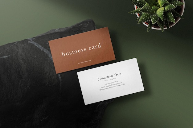 Clean minimal business card mockup on black stone with leaf