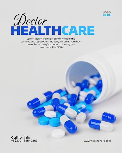 PSD clinic pharmacy poster template with open bottle blue and white pills spilling out