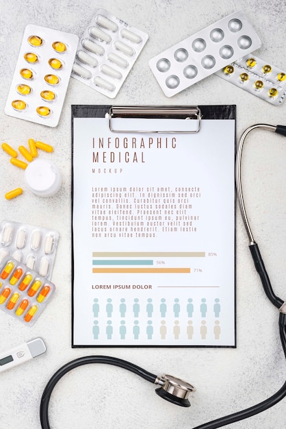 Clipboard on medical desk and pills