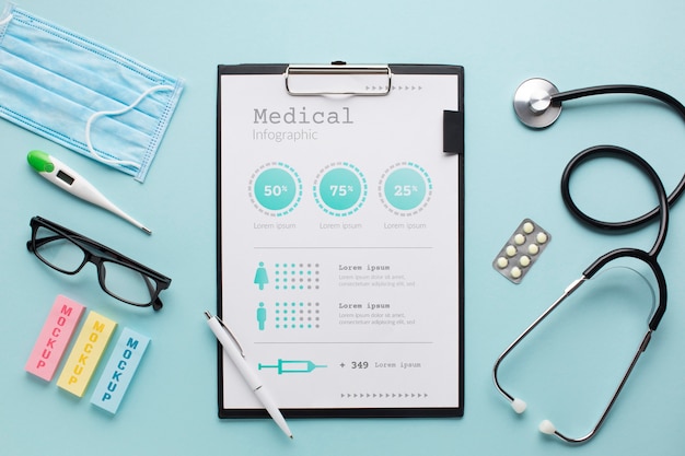 PSD clipboard with stethoscope with mask beside