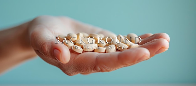 PSD close up of hand holding supplement capsules on light blue background copy space