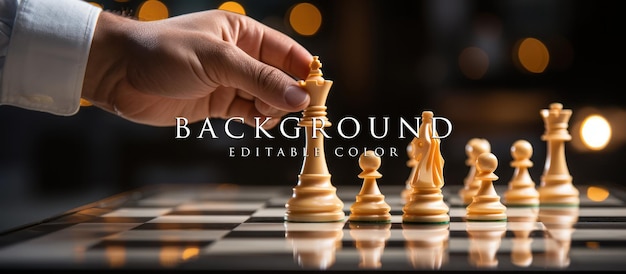 close up of a hand moving a chess piece across a board with a blurred background