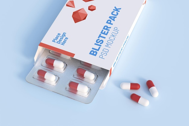 PSD close up of package blister with round medicines pills mockup template 3d rendering