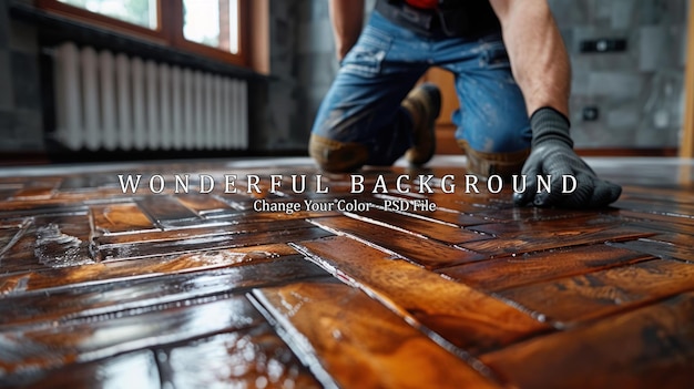 PSD close up of worker applying sealant to newly installed hardwood floor concept of home improvement floor installation and diy