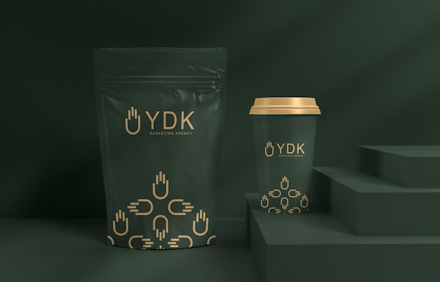 Coffee cup and pouch packaging mockup