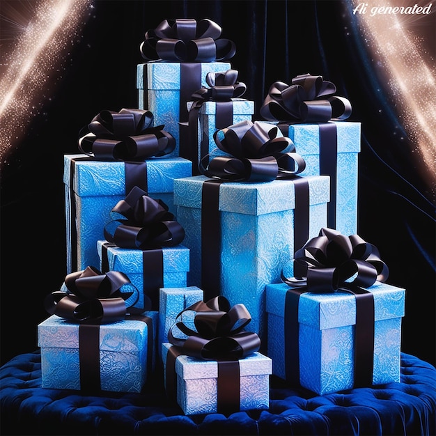 PSD a collection of presents including a blue ribbon and a ribbon with black bows