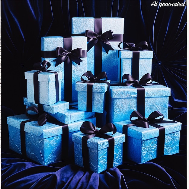 PSD a collection of presents including a blue ribbon and a ribbon with black bows