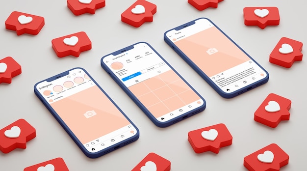 PSD a collection of smart phones with hearts on the screen