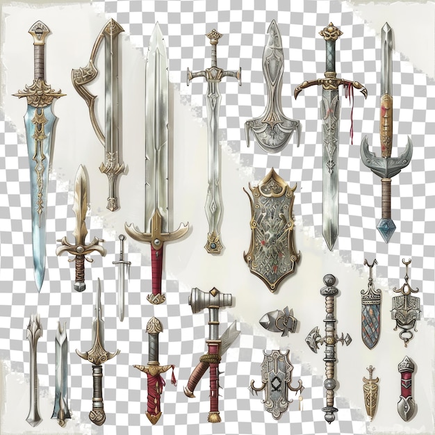 PSD a collection of swords and swords are displayed on a checkered background