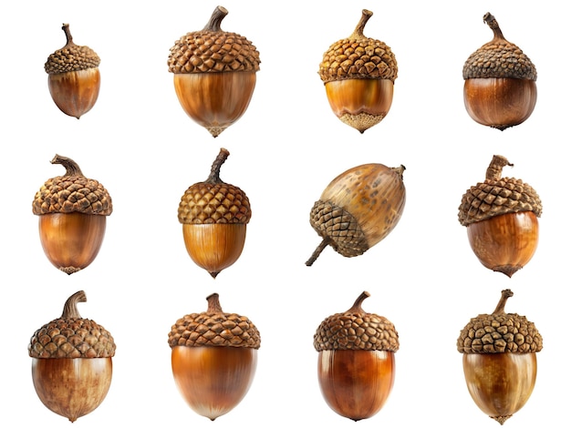 PSD a collection of twelve brown acorns