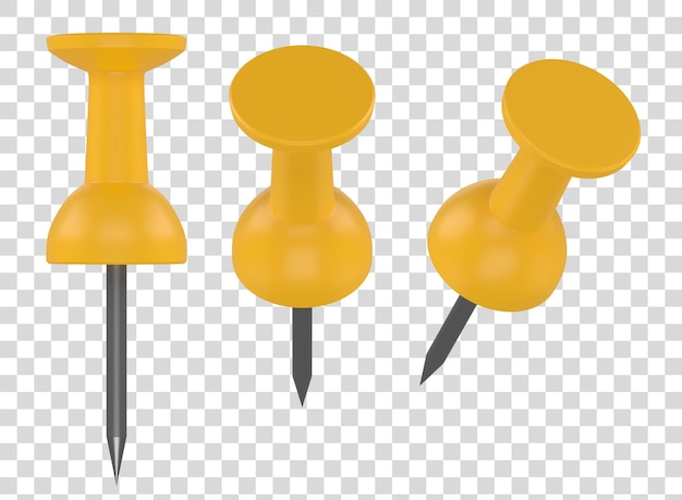 PSD collection yellow push pins isolated on white background set of thumbtacks front view 3d render