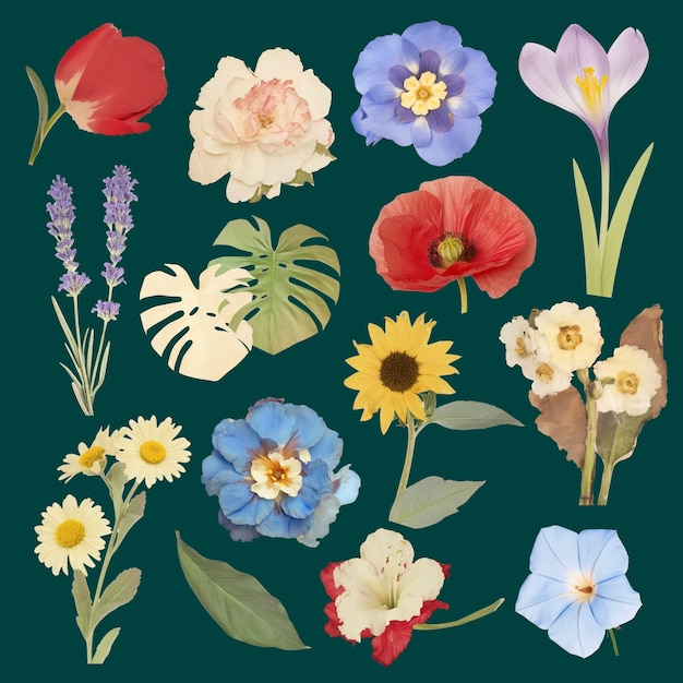 PSD colorful botanical flower collage set