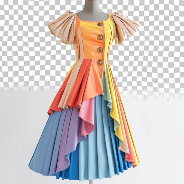 PSD a colorful dress with a yellow and blue sash and the top has a blue and pink ruffles