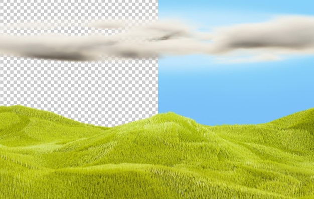 Colorful landscape of green meadows and clouds Valley with hills 3d rendering Green grass field