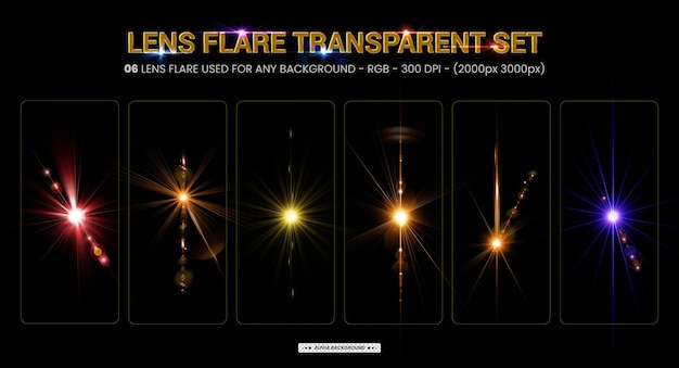 Colorful lens flare collection and lighting lens flare in dark background