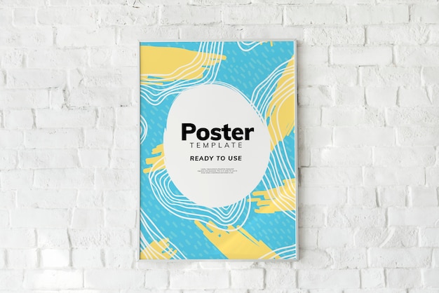 PSD colorful poster template on a white brick wall