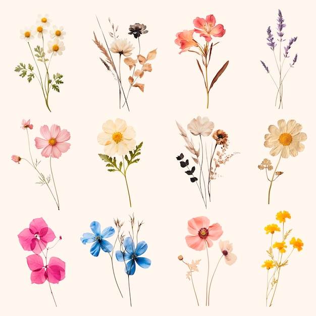 PSD colorful pressed flower illustrations