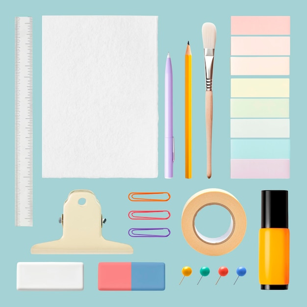 PSD colorful stationery on blue background