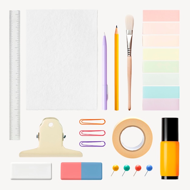 PSD colorful stationery supplies neatly arranged