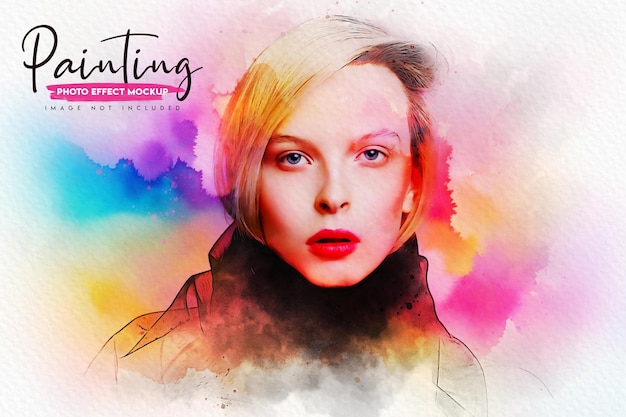 Colorful watercolor portrait splatter painting photo effect mockup psd template