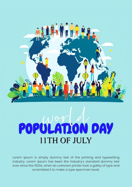 PSD colorful world population day poster with diverse people standing around a globe