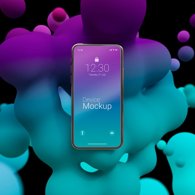 Composition of mock-up phone with abstract liquids