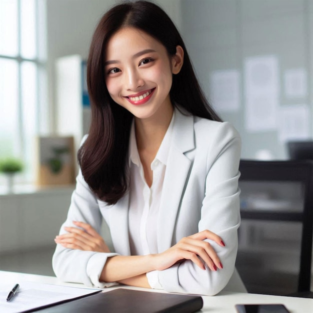 PSD confident happy young business woman sitting at office desk