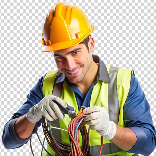 A construction worker working on electrical wires on transparent background