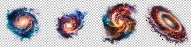 PSD cosmic burst with swirling galaxies and interstellar dust set isolated on transparent background