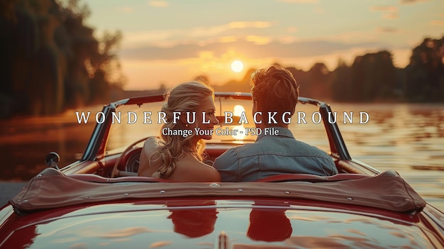 PSD couple in a red convertible at sunset