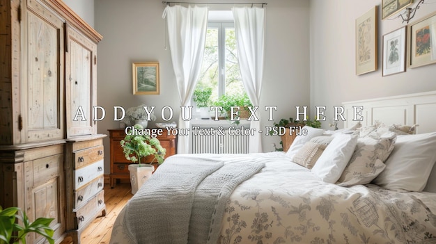 PSD cozy bedroom with white bed and antique cabinet