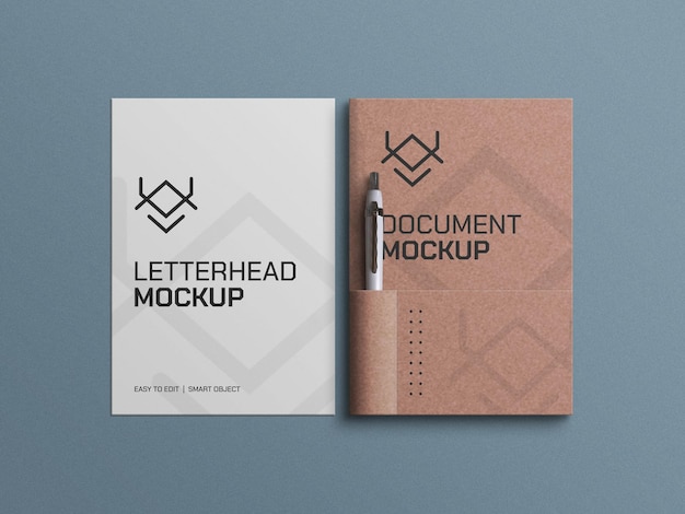 Craft paper documents with letterhead mockup and pen