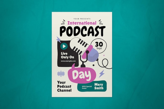 PSD cream handdrawn international podcast day flyer