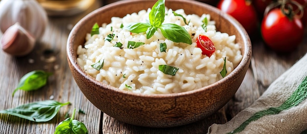 PSD creamy risotto with fresh basil and cherry tomatoes