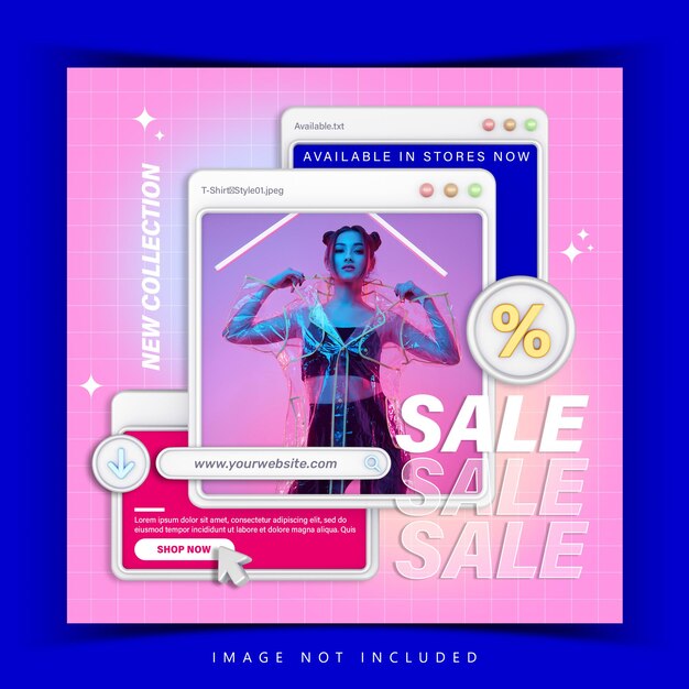 PSD creative concept fashion sale instagram social media promotion template with colorful retro computer