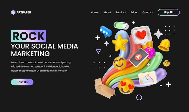 PSD creative concept social media marketing landing page with 3d colorful concept illustration