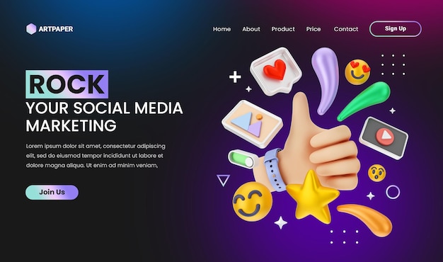 creative concept Social media marketing landing page with 3d colorful hand concept illustration