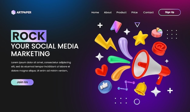 PSD creative concept social media marketing landing page with 3d colorful megaphone concept illustration