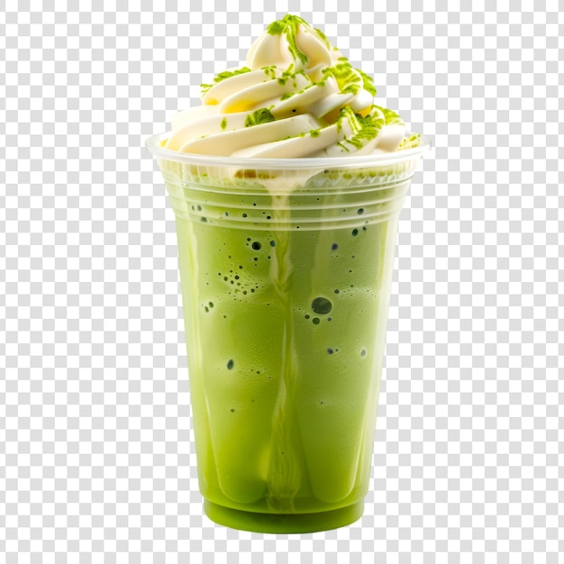 PSD a cup of green matcha tea with whipped cream and a lemon on a transparent background