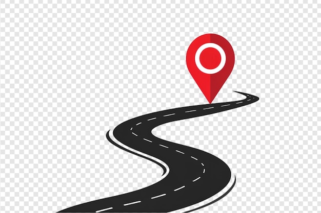 PSD curved road with red location pin on a transparent background